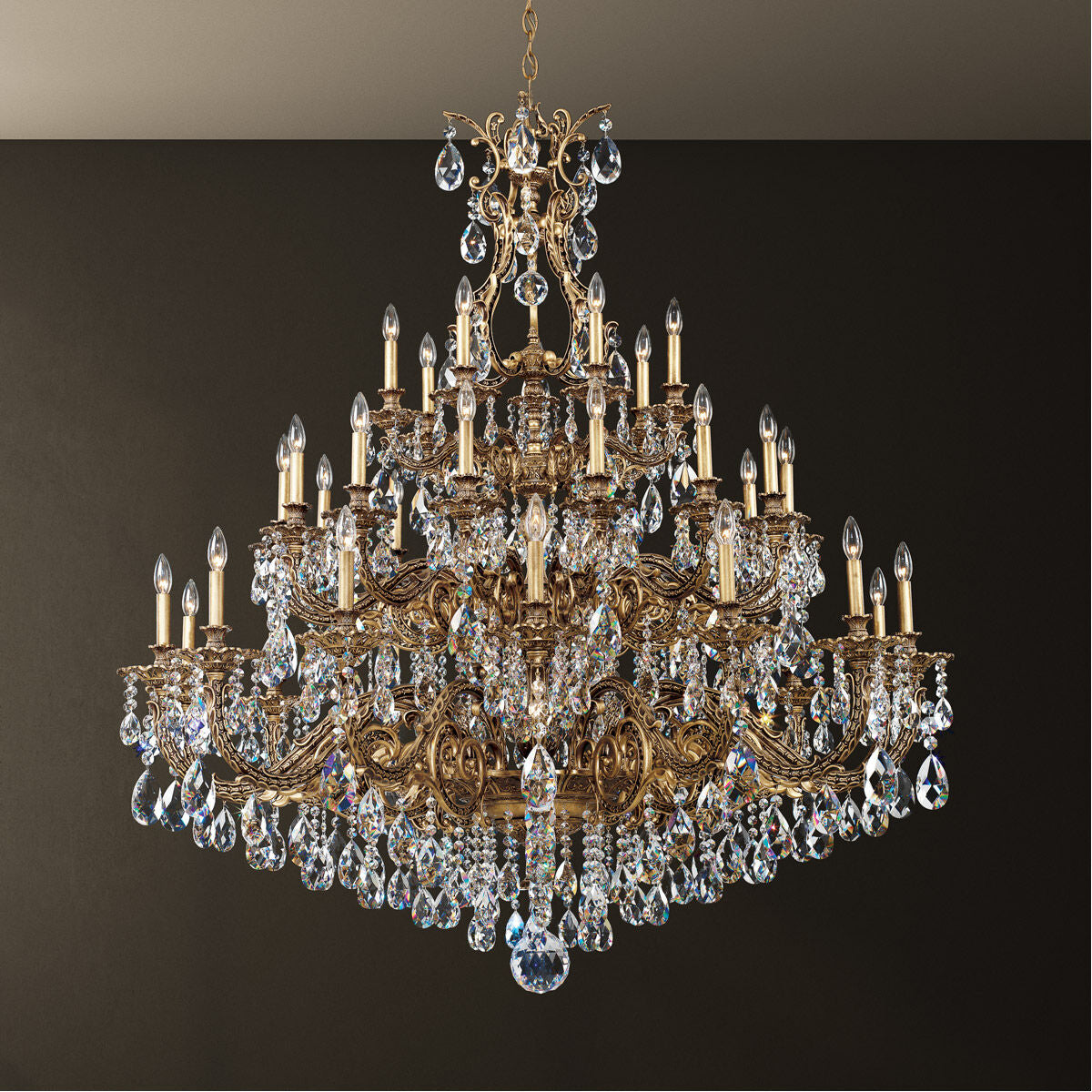 Large Heirloom Gold Rococo Crystal Chandelier / Parchment Gold / Clear Crystals From Swarovski