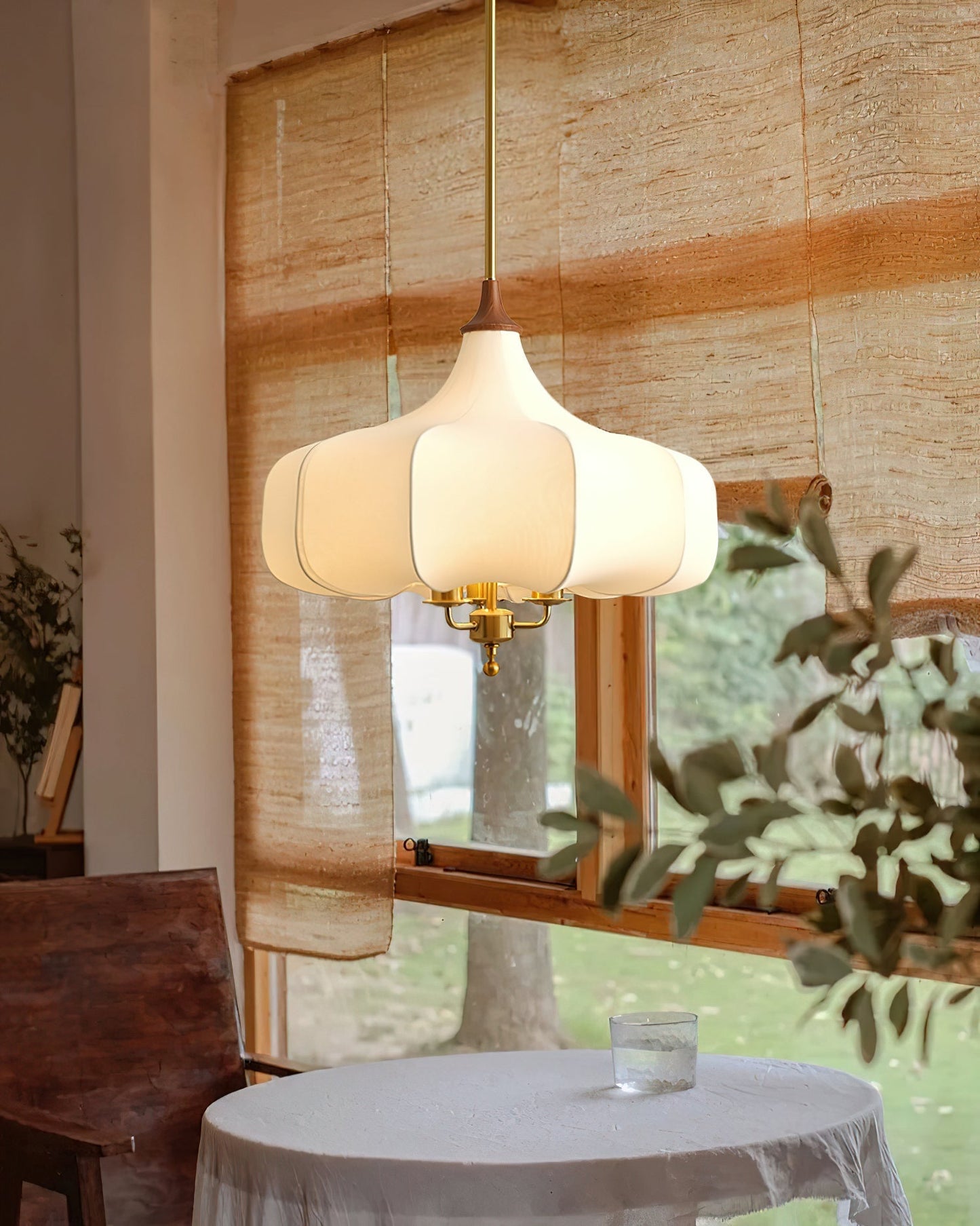 Layered White Fabric Wood Pendant Light / ∅ 23.6″ x H 19.7″ / Dia 60cm x H 50cm / Rod / Plain