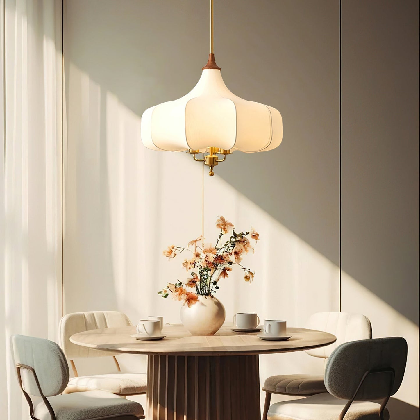 Layered White Fabric Wood Pendant Light