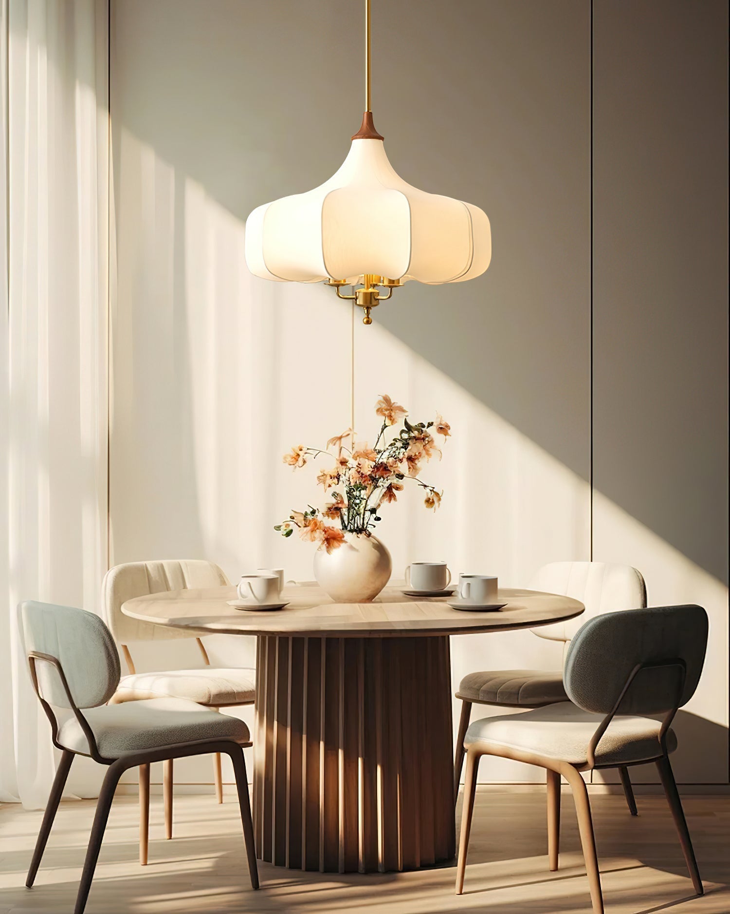 Layered White Fabric Wood Pendant Light