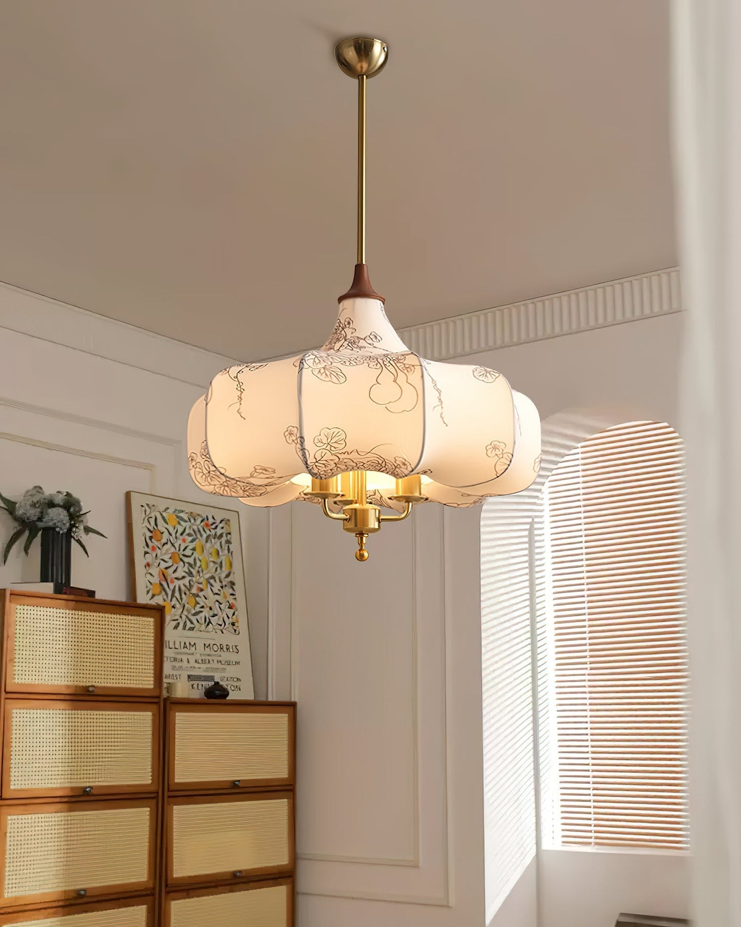 Layered White Fabric Wood Pendant Light