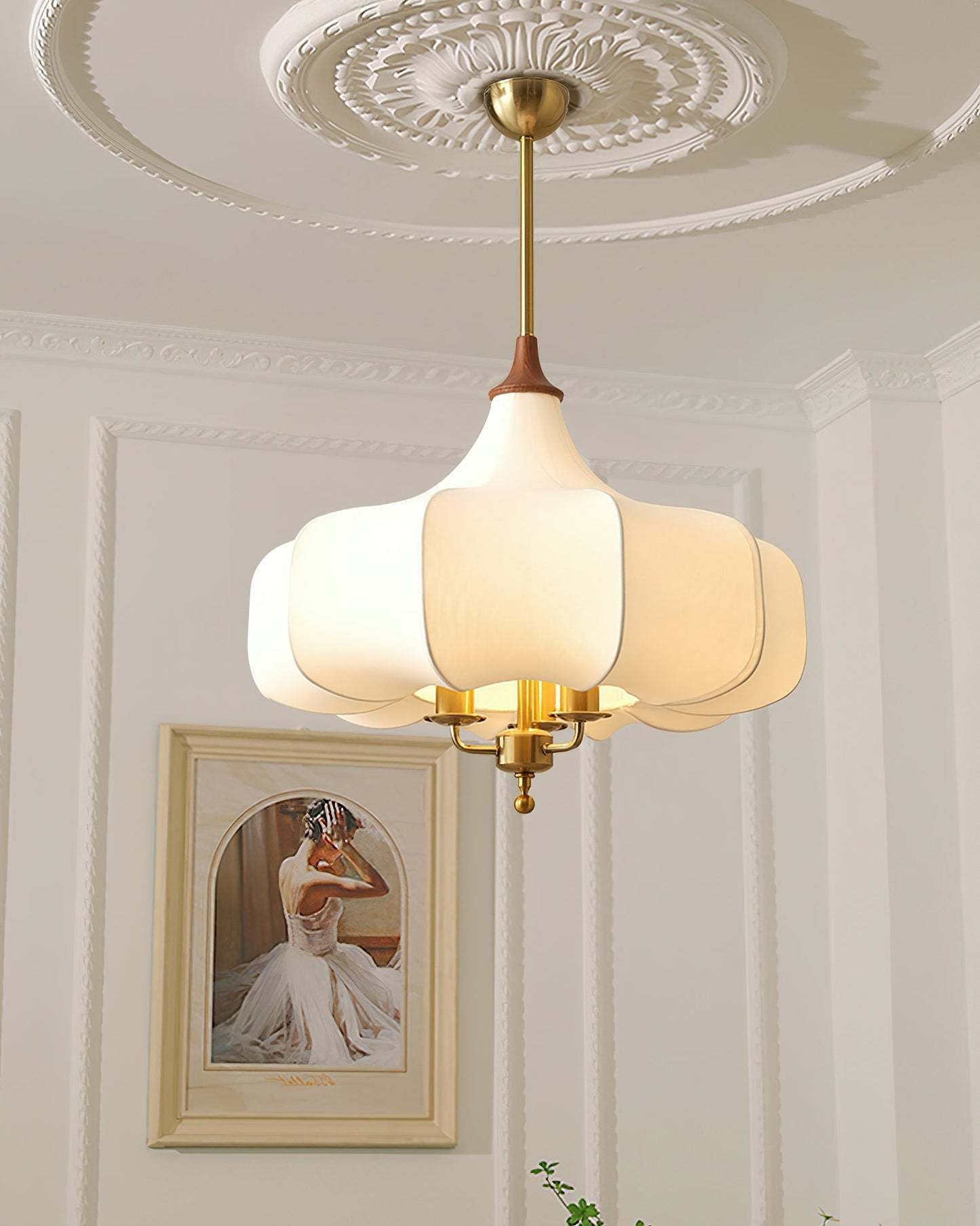 Layered White Fabric Wood Pendant Light